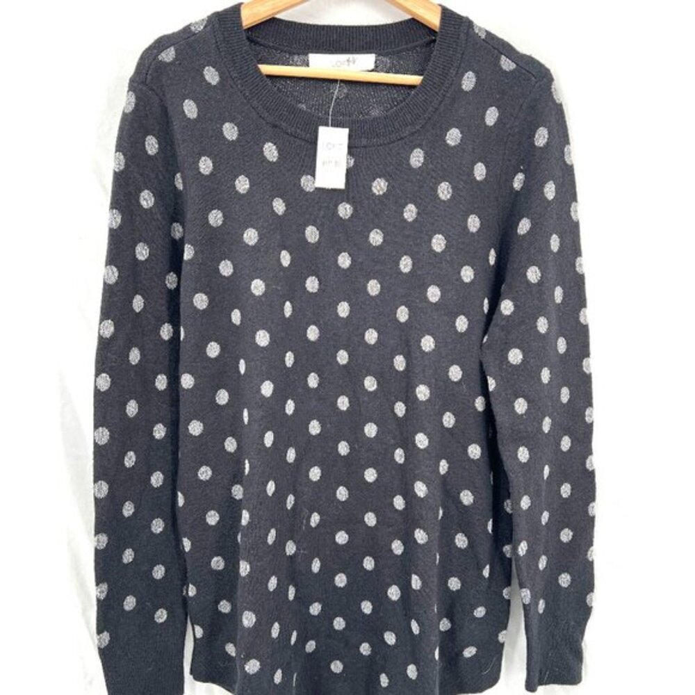 NEW LOFT Dotted Shirttail Sweater black silver metallic polka dot pullover L